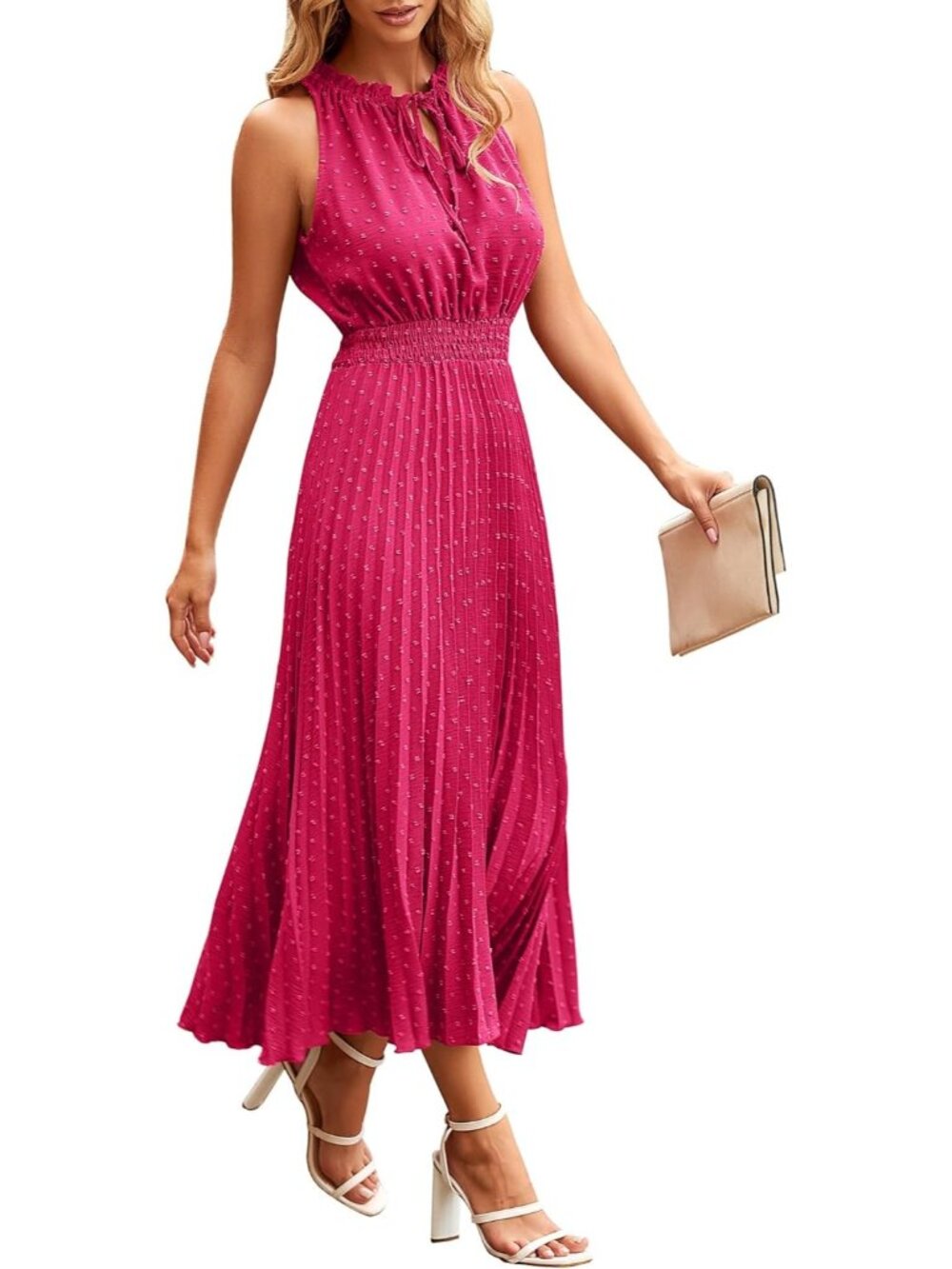 Women's Rose Red Midi Summer Dresses Casual V Neck Swiss Dot Ruffle Sleeveless